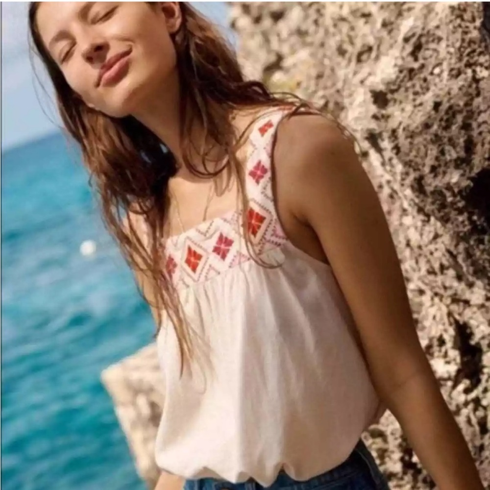 EUC Madewell Embroidered Island Linen Blend Tank Top